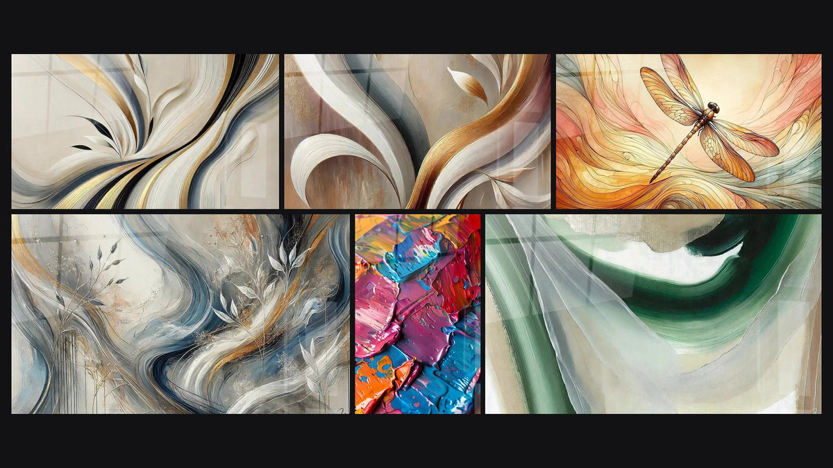 Mosaico di sei quadri, tra cui Slancio di Armonia, Sfumature Avvolgenti e Di pittura acrilica multicolore
