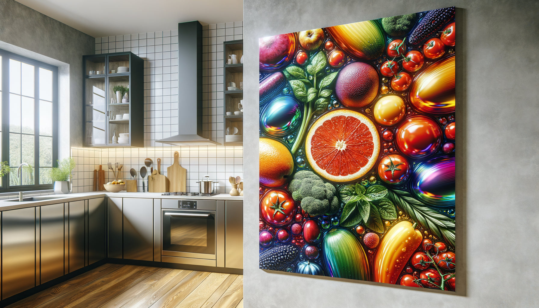 Tableau impression UV sur aluminium aux couleurs éclatantes dans cuisine moderne contemporaine