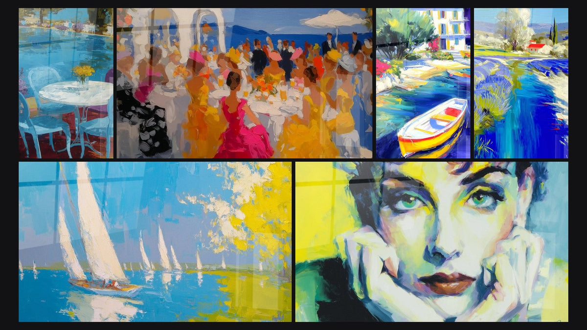 Mosaïque de six tableaux, dont Terrasse Repos Estival, Terrasse convivialité estivale et Voiliers Écume Solaire