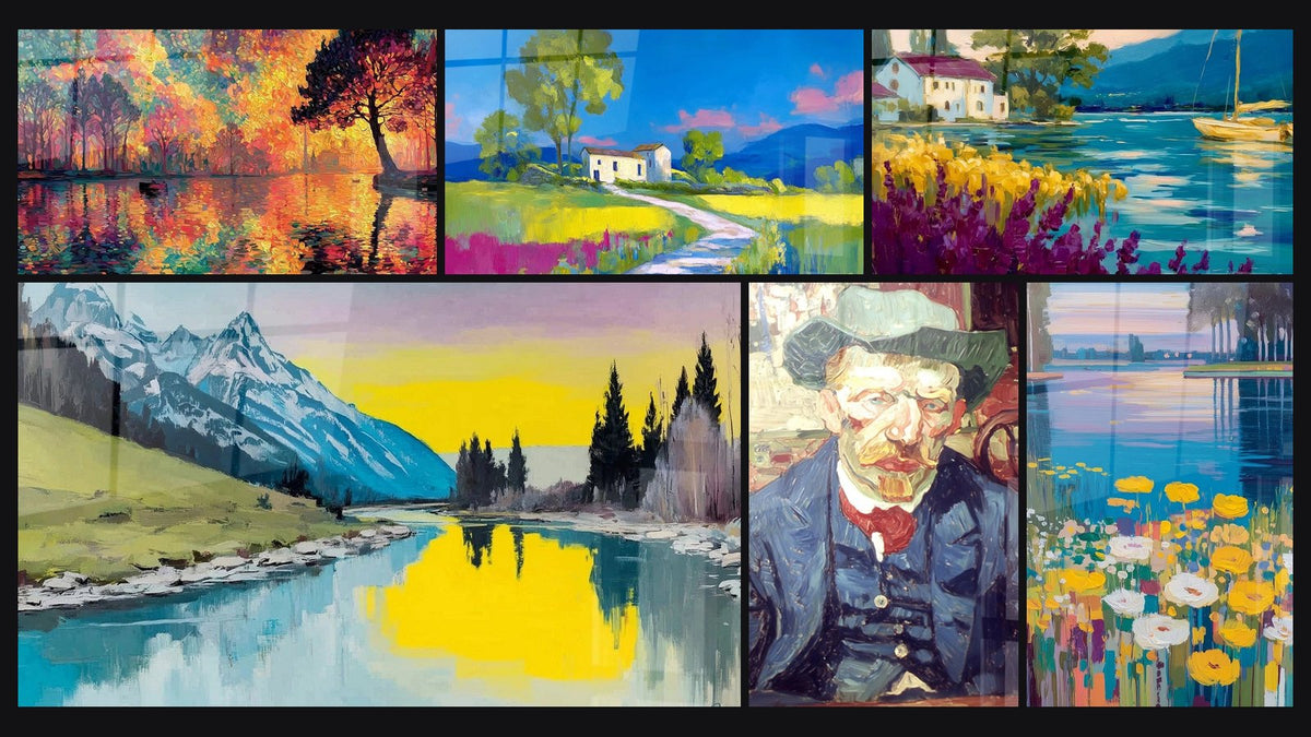Mosaico di sei quadri, tra cui Paesaggio Autunnale Tocchi Impressionisti, Montagne Aurora Glaciale e Ritratti espressivi