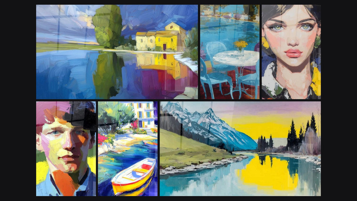 Mosaïque de six tableaux, dont Lac Douceur Cristalline, Terrasse Repos Estival et Portrait Beauté Spontanée