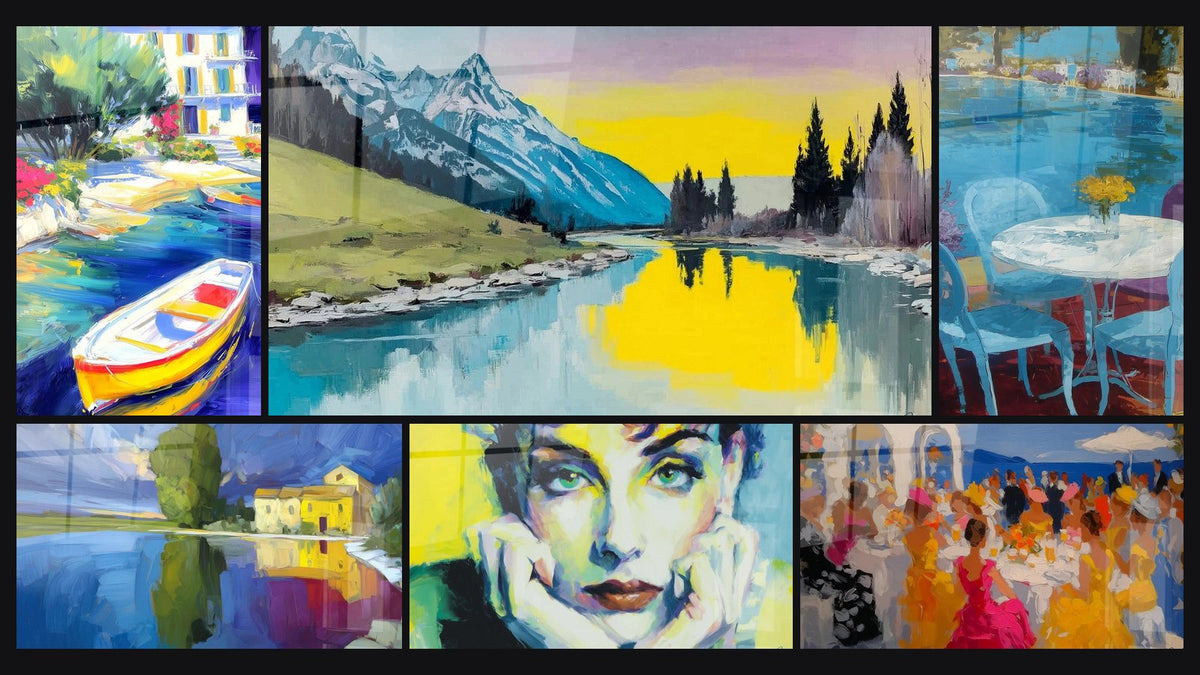 Mosaïque de six tableaux, dont Barque Quiétude Portuaire, Montagne Aurore Glaciale et Lac Douceur Cristalline