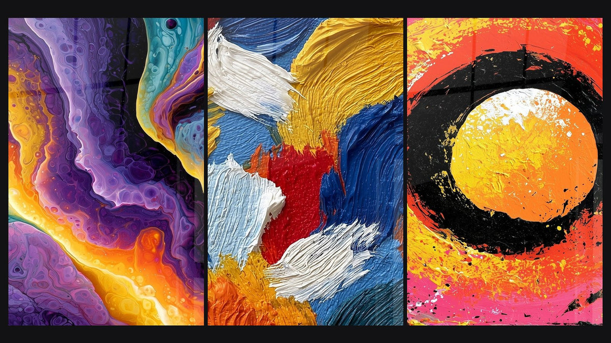Mosaïque de trois tableaux, dont Coulée marbrée violette et orange alvéolée et Empâtements bleu et jaune texturés