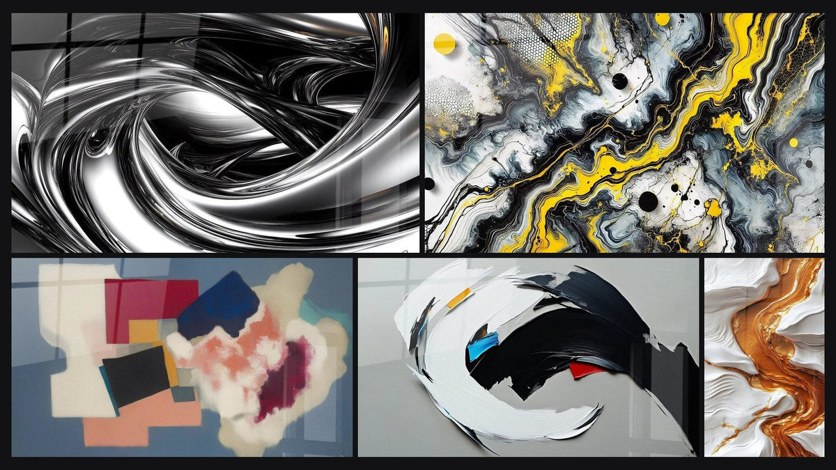 Mosaïque de cinq tableaux, dont Tourbillon métallique, Impact Noir et Formes géométriques poésie carrée