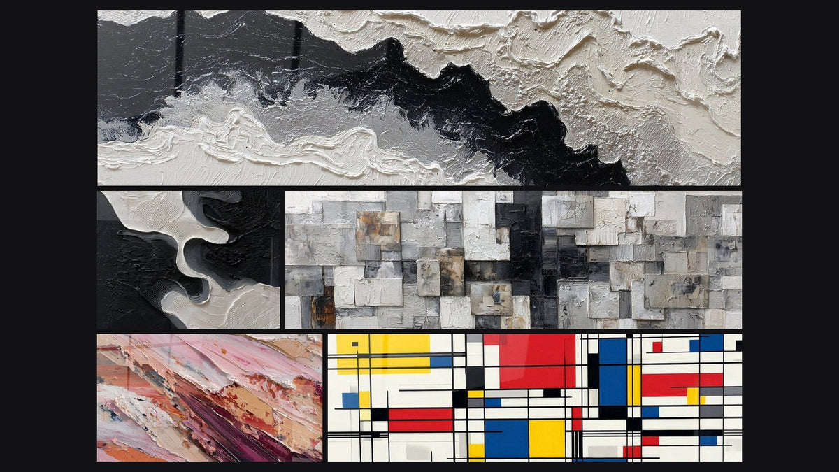 Mosaïque de cinq tableaux, dont Abstrait aux nuances roses et terres et Composition géométrique