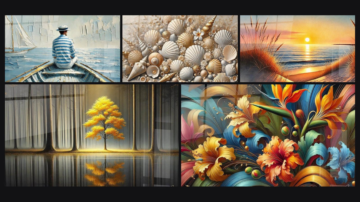 Mosaico de cinco cuadros, entre ellos El Arte del Agua, Joyas de las Arenas y Tranquilidad Eterna