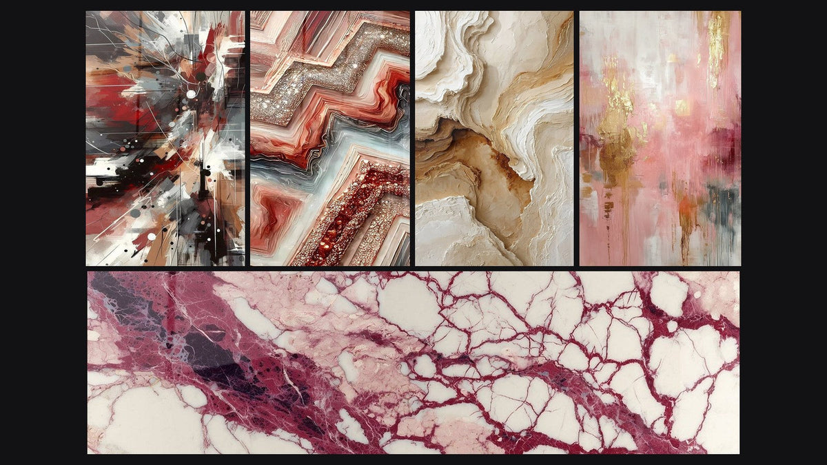 Mosaïque de cinq tableaux, dont Bruit Dynamique Explosive, Fusion Géométrique et Abstrait Texturé Beige et Ocre