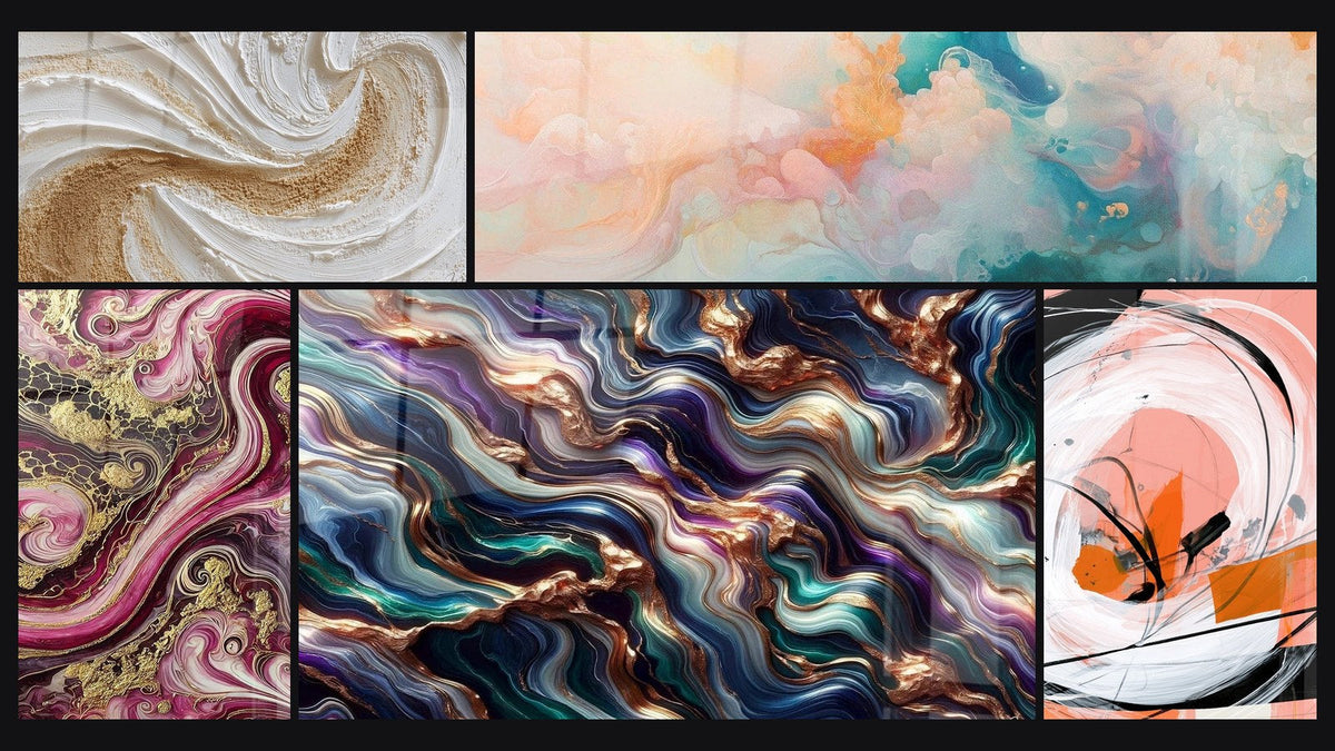 Mosaico de cinco cuadros, entre ellos Llamas Púrpura, Serenata Mineral y Espiral Blanca y Coral con Rayas Negras