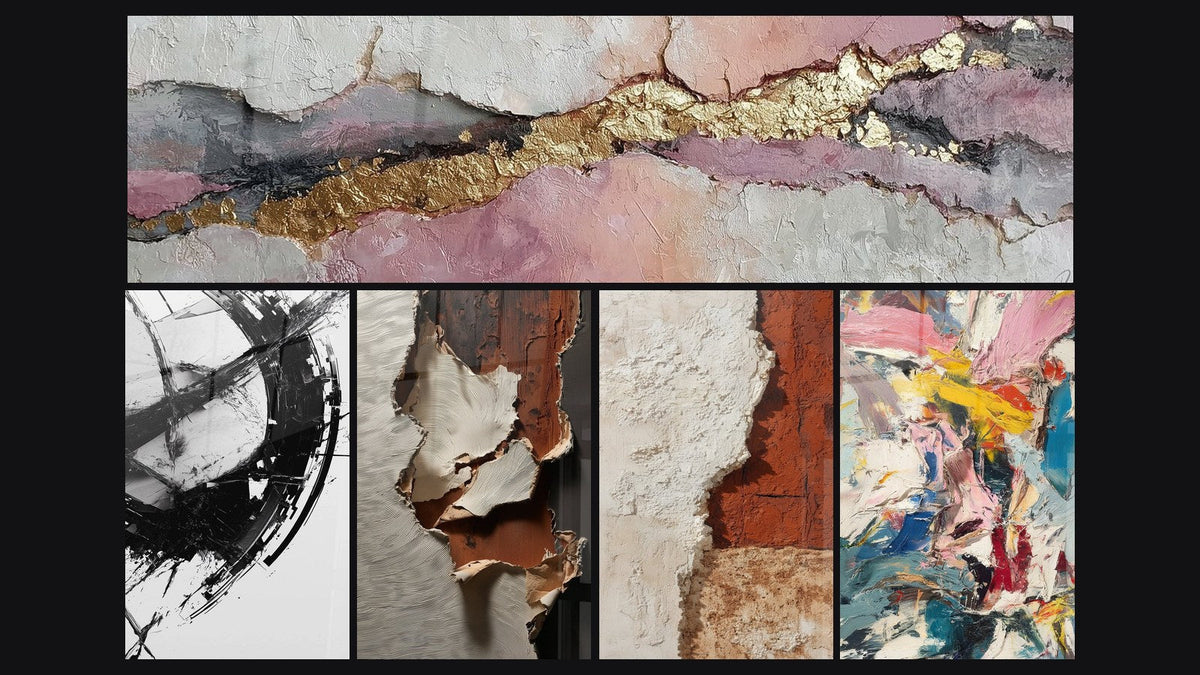 Mosaïque de cinq tableaux, dont La Brisure du Temps et Explosion de couleurs