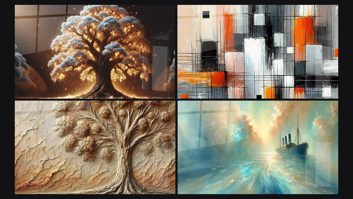 Mosaïque de quatre tableaux, dont Arbre de Nuit, Mécanique des couleurs et Arbre d'Antan