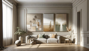 Intérieur élégant présentant trois tableaux intemporels aux palettes naturelles et styles universels sur mur blanc épuré