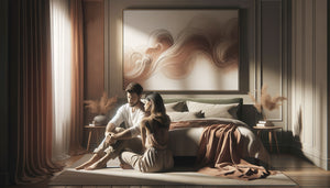 Couple paisible admirant une œuvre d'art romantique dans leur chambre intime aux tons chaleureux