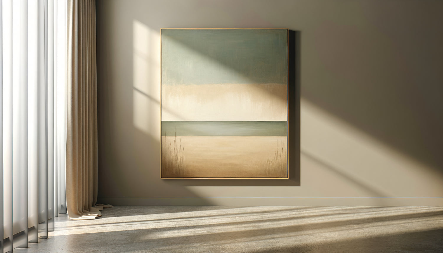 Tableau abstrait minimaliste aux tons doux et équilibrés favorisant l'introspection sereine dans un intérieur contemporain apaisant