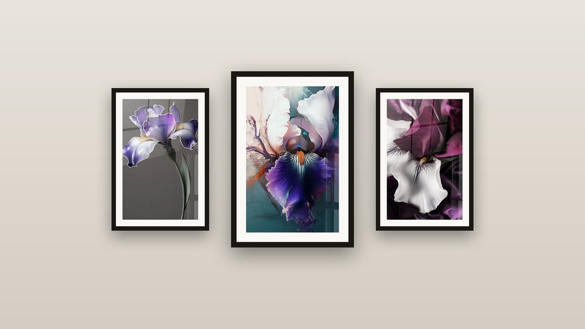Mur de galerie avec trois tableaux encadrés : Iris N°9, Iris N°8 et Iris N°7