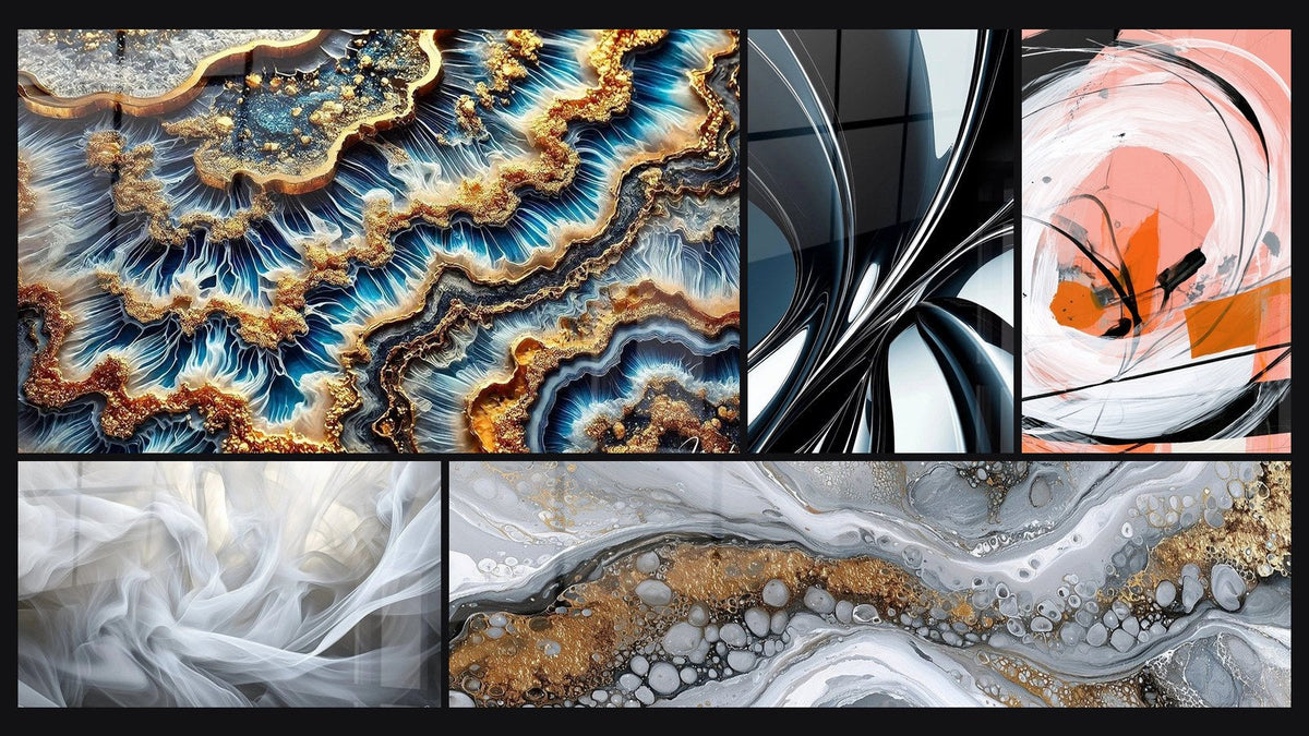 Mosaic of five paintings, including Golden Tide, Veils of Light and Metallic chrome spiral