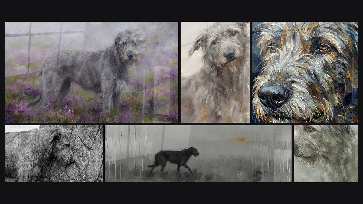 Mosaïque de six tableaux, dont Irish Wolfhound Géant dans l'Orage et Lévrier Irlandais aux Tons Gris Perle