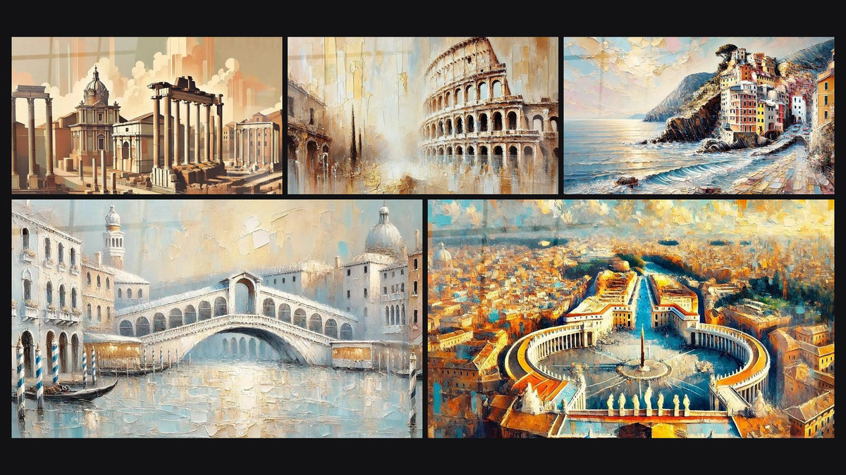 Mosaïque de cinq tableaux, dont Rome N°1, Colisée N°1 et Cinque Terre N°1