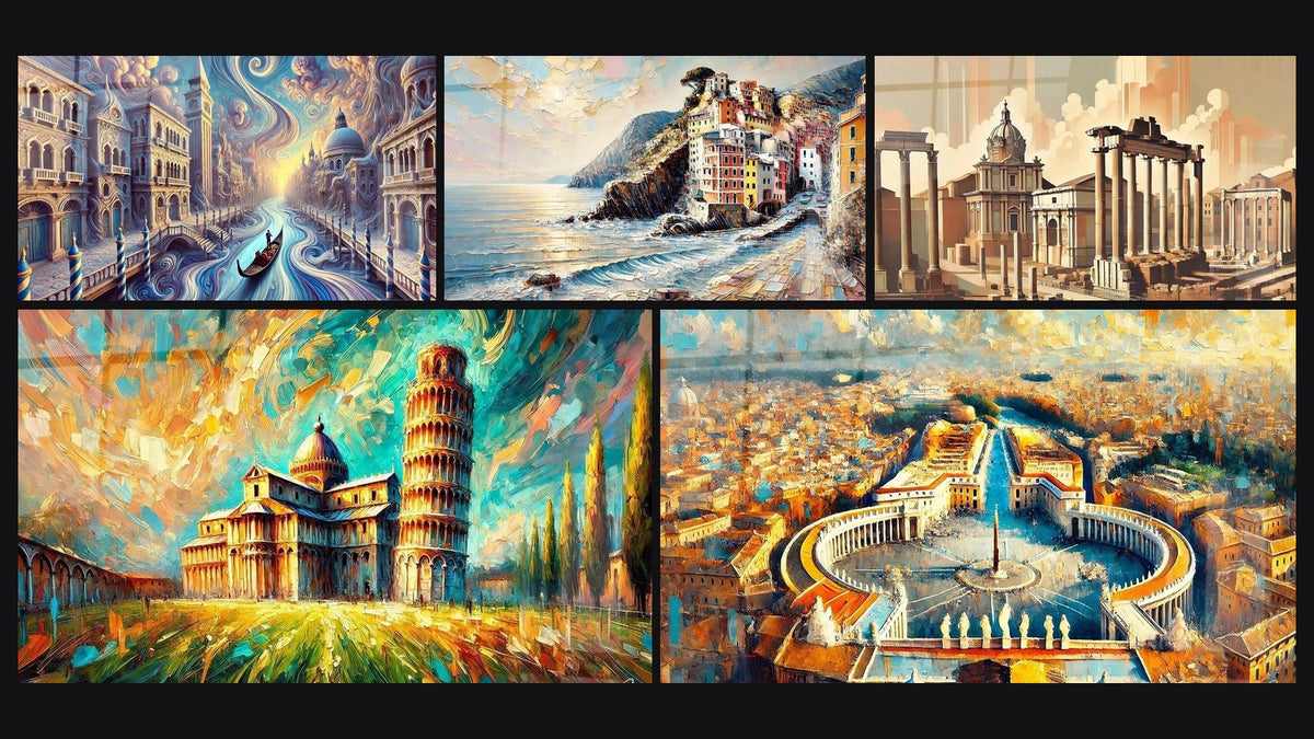 Mosaïque de cinq tableaux, dont Venise N°3, Cinque Terre N°1 et Tour de Pise N°1