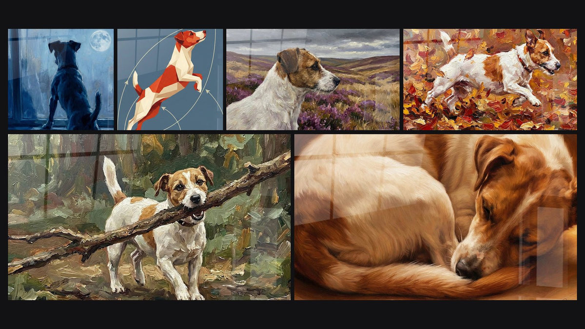 Mosaïque de six tableaux, dont Chien Silhouette Bleue Contemplant la Lune et Jack Russel Terrier Portant une Branche