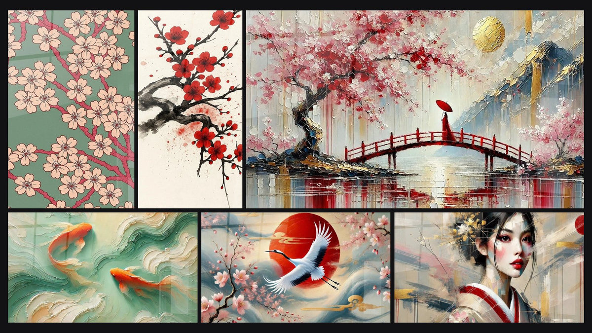 Mosaico di sei quadri, tra cui Tappeto di Fiori, Fiore di Sangue e Koi in Simbiosi