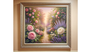 Tableau de jardin fleuri aux tons pastel apaisants dans une résidence seniors, style impressionniste thérapeutique