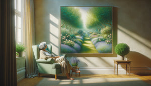 Tableau de jardin fleuri apaisant dans une chambre de résidence senior avec personne âgée contemplant l'œuvre