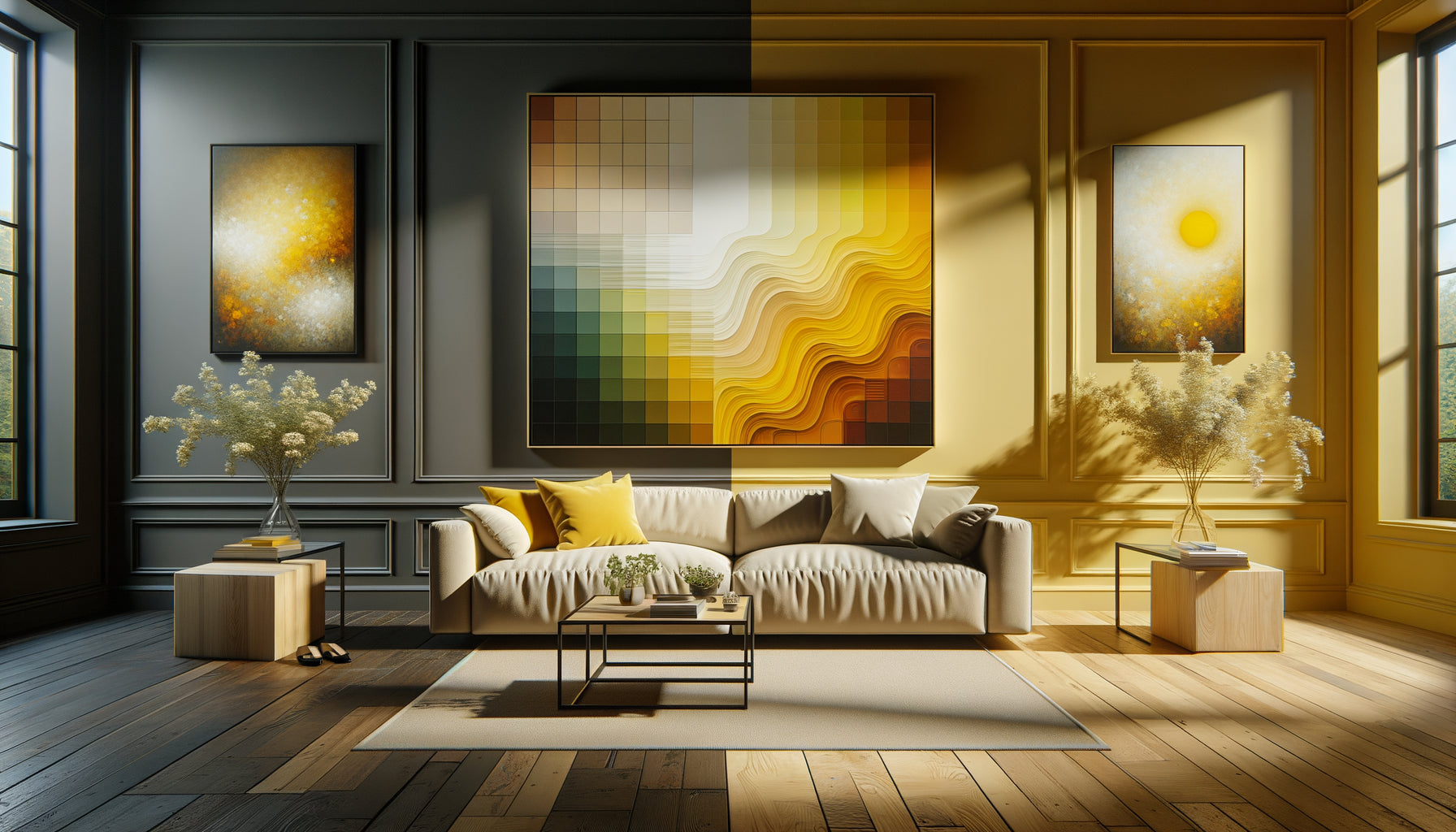 Comparaison de deux tableaux abstraits jaunes : gauche saturation douce 30-45% pour chambre, droite saturation vive 70-85% pour salle de jeu