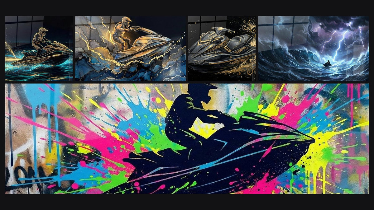Mosaic of five paintings, including Luminous Golden Jetski, Luxury Jetski and Jetski Marine Storm