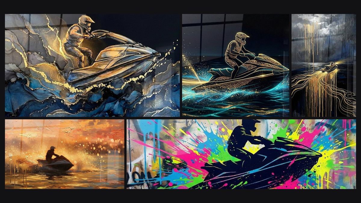 Mosaico de cinco cuadros, entre ellos Jetski Acción, Jetski Dorado Luminoso y Jetski Tormenta Dorada