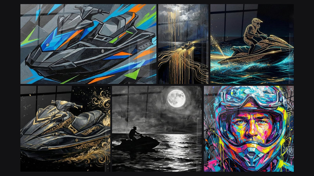 Mosaïque de six tableaux, dont Jetski Graffiti, Jetski Tempête Dorée et Jetski Luxe