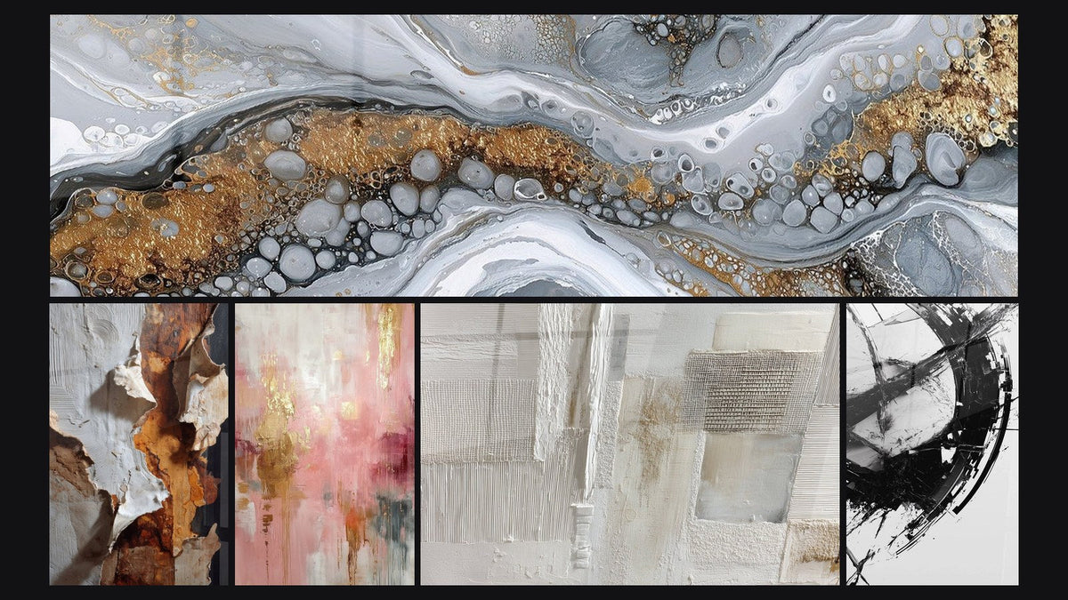 Mosaïque de cinq tableaux, dont Abstrait Fluide Gris et Or et La Brisure du Temps