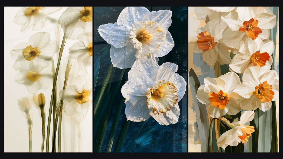Mosaïque de trois tableaux, dont Jonquilles translucides aux cœurs dorés et Jonquilles blanches à cœur doré