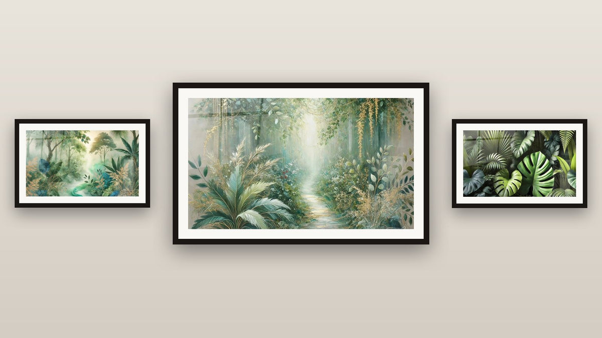 Mur de galerie avec trois tableaux encadrés : Chemin Enchanté, Forêt de Feuilles et Mystère de la Jungle