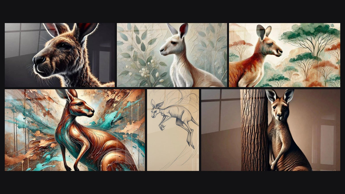 Mosaïque de six tableaux, dont Éveil dans l'ombre, Caresse des Feuilles et Âme Australienne