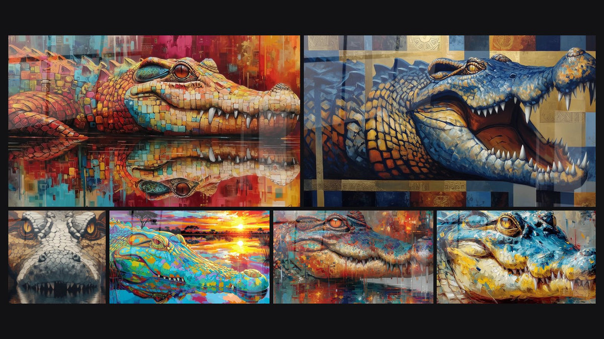 Mosaïque de six tableaux, dont Crocodile Multicolore, Crocodile Ancien et Crocodile Coloré