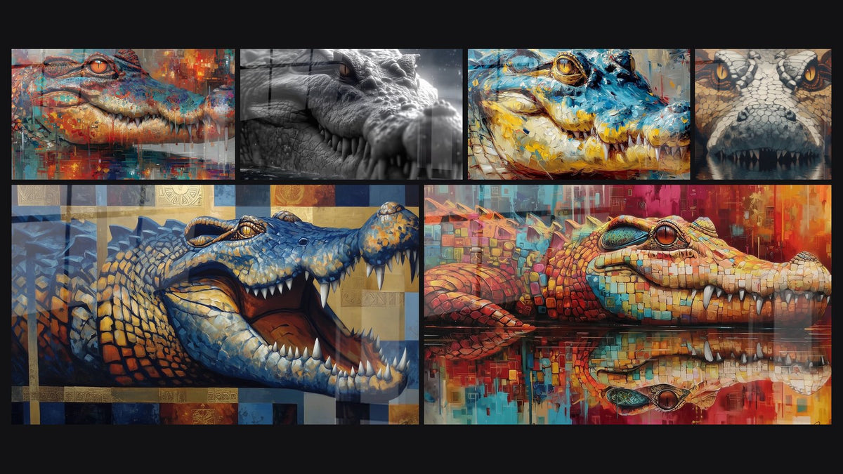 Mosaic of six paintings, including Crocodile Digital, Prehistoric Crocodile and Expressionist Crocodile