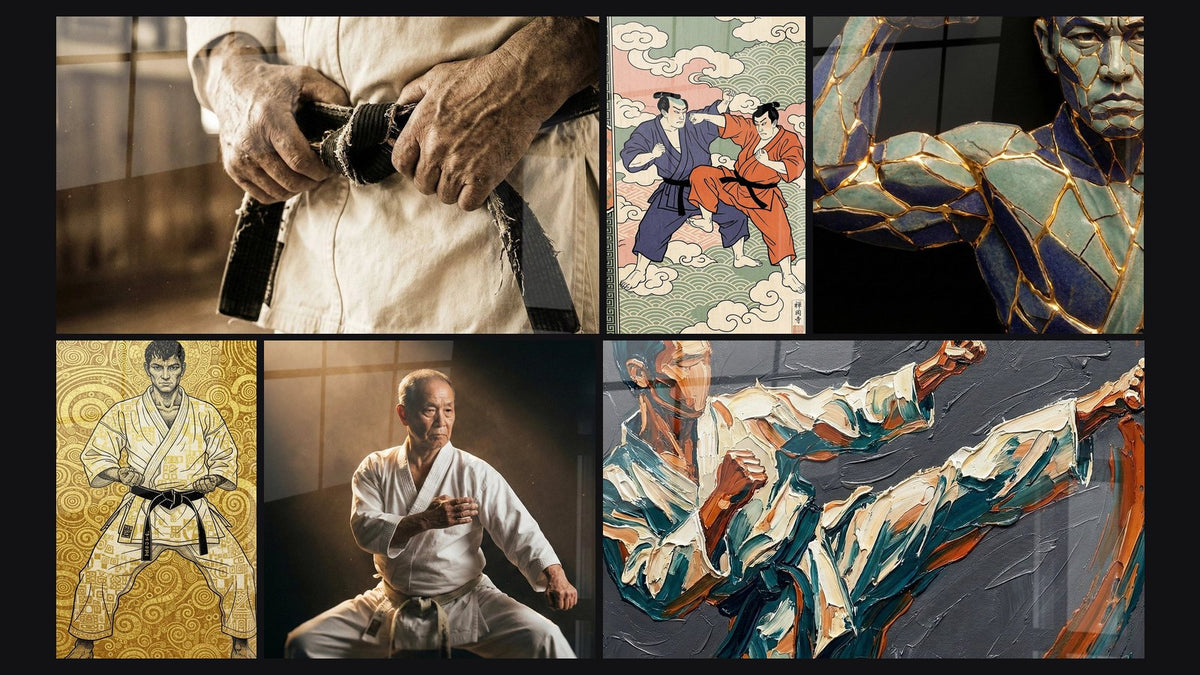 Mozaika sześciu obrazów, w tym Mistrza Karate, Karateka Pozycja Walki i Mistrzów Karate Niebios