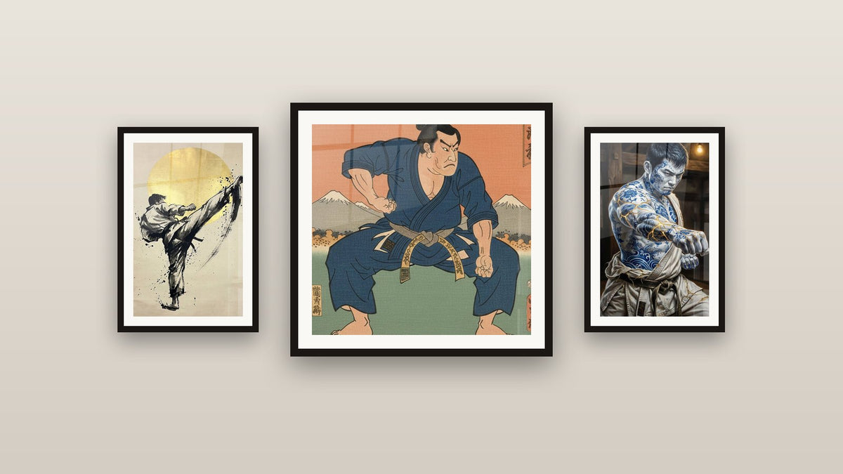 Galeriewand mit drei gerahmten Gemälden, darunter Samurai-Wandbild Ukiyo-e und Karate-Wandbild Hochkick