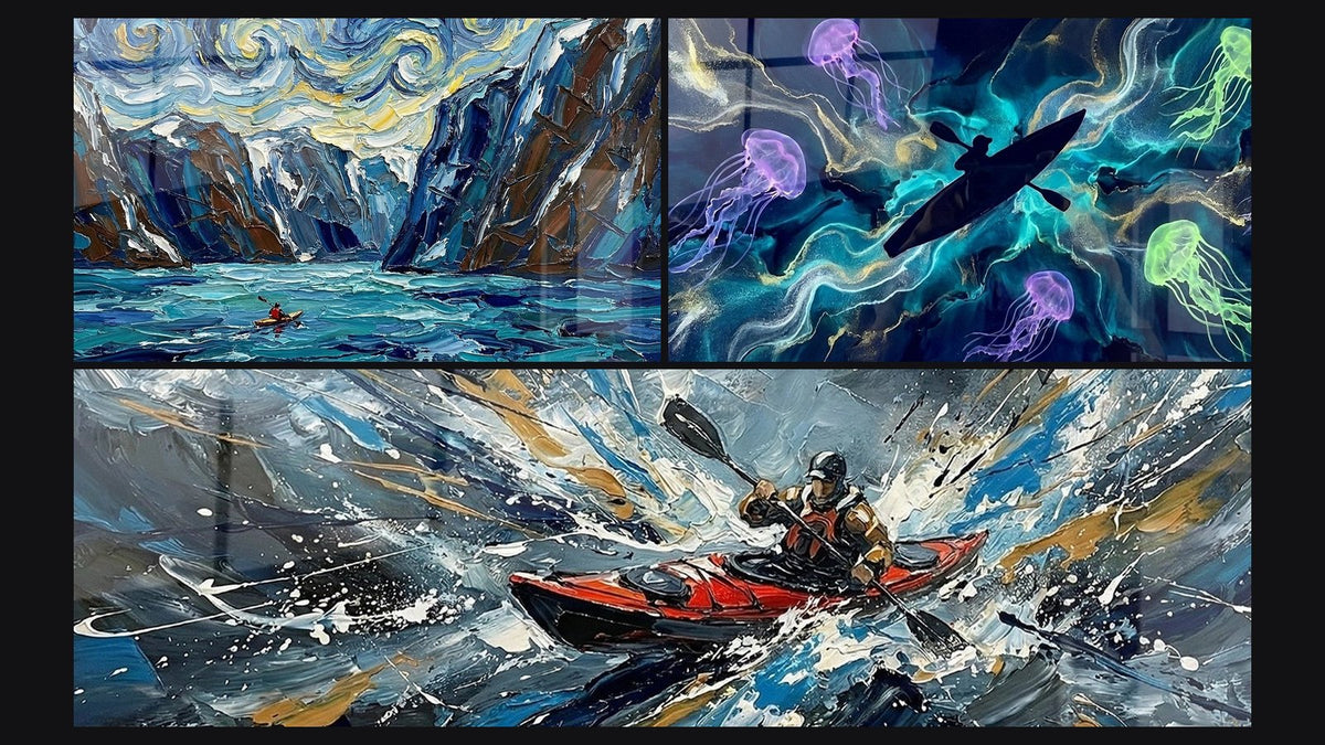 Mosaïque de trois tableaux : Kayak Fjords Nordiques, Océan Profond et Kayak en Eaux Vives
