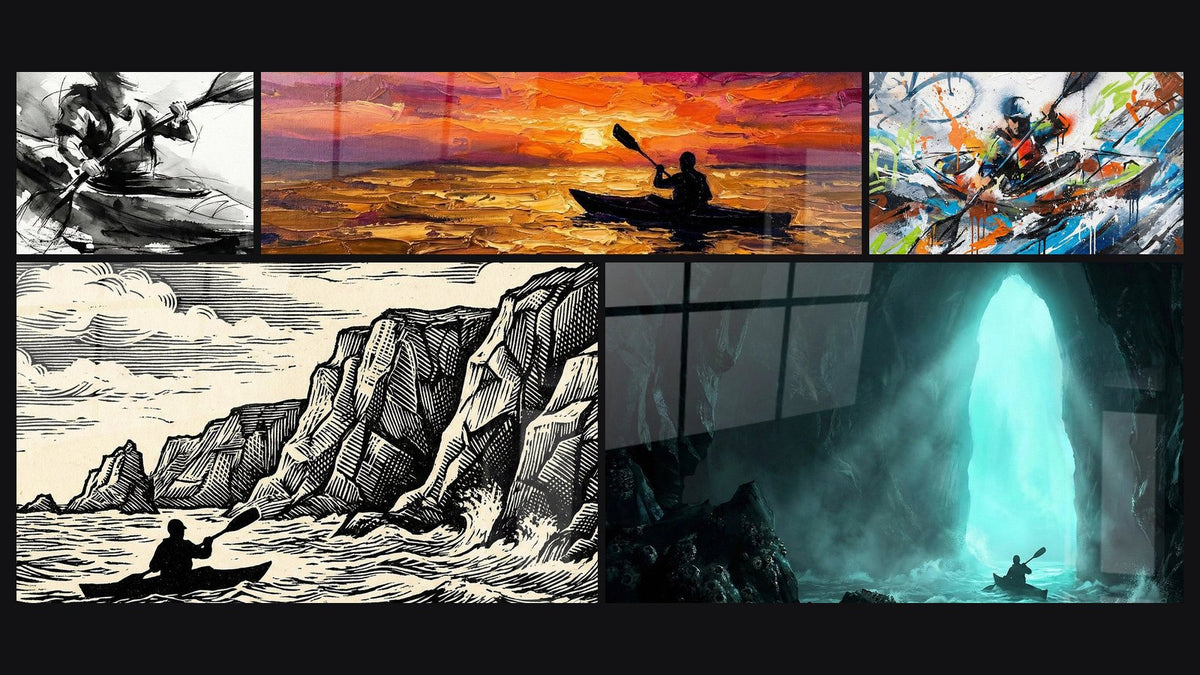 Mosaïque de cinq tableaux, dont Kayakeur Encre Noire, Kayak Coucher de Soleil et Kayak Abstrait