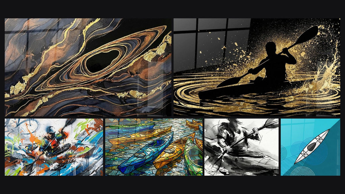 Mosaïque de six tableaux, dont Art Abstrait, Kayakeur en Action et Kayak Abstrait