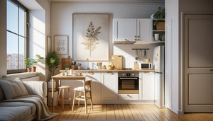 Kitchenette d'appartement étudiant avec tableau décoratif aux dimensions adaptées au petit espace