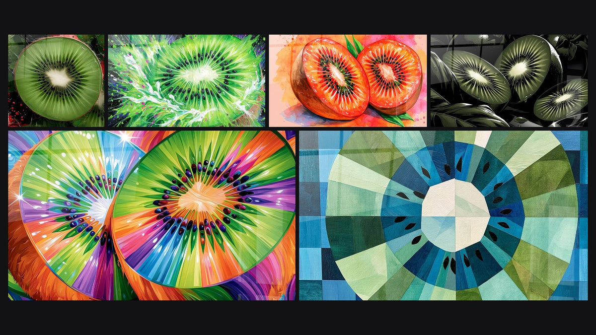Mosaïque de six tableaux, dont Kiwi tranché vert et rouge écorce dorée et Kiwi vert et blanc en coulées liquides