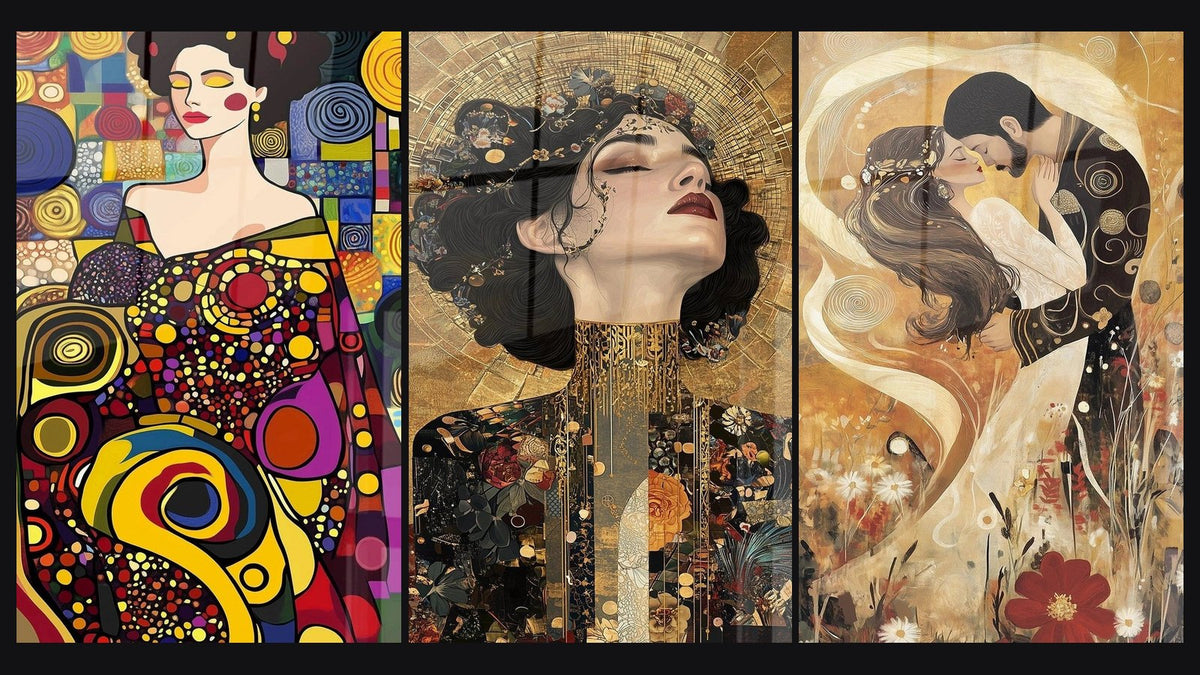 Mosaico de tres cuadros, entre ellos Inspirado en El Beso de Gustav Klimt N°2