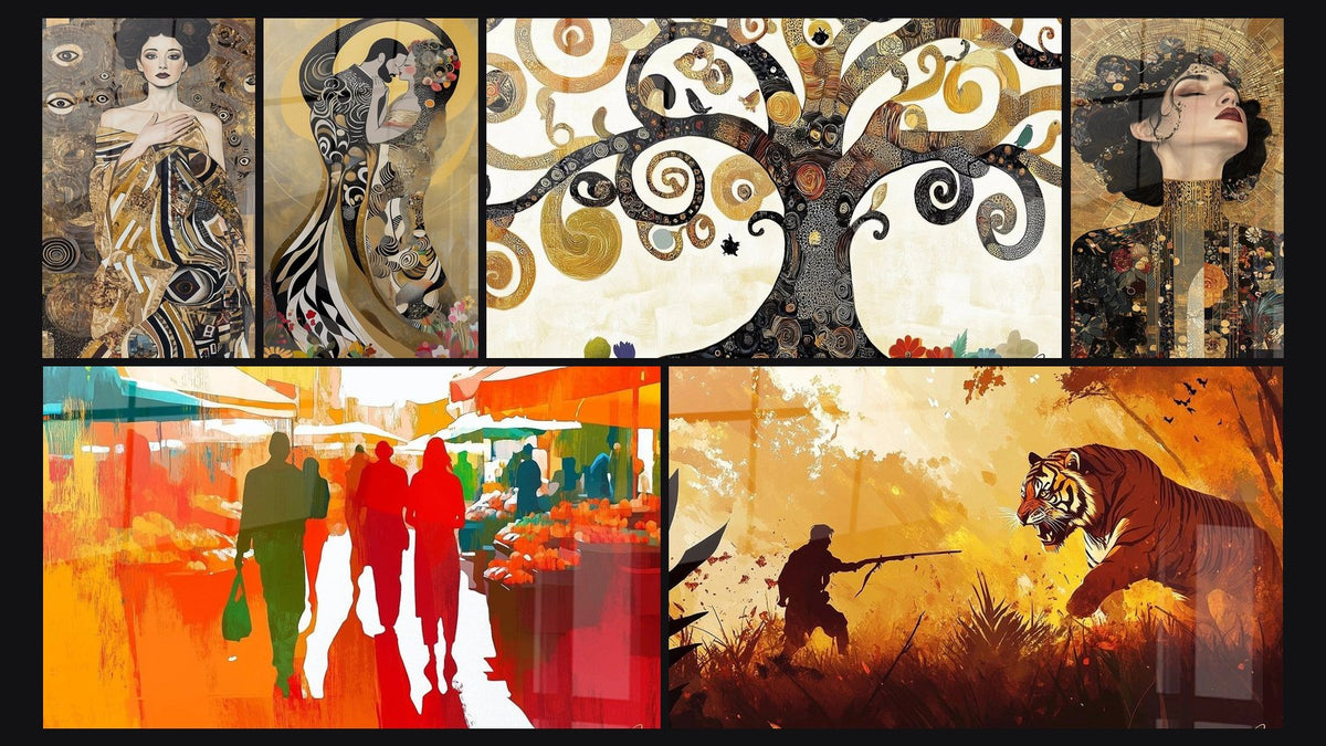 Mosaic of six paintings, including Inspired by The Kiss by Gustav Klimt No. 1