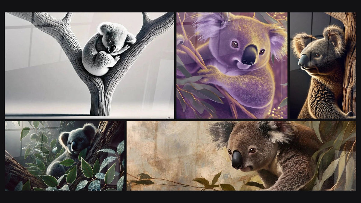 Mosaico de cinco cuadros, entre ellos Sueño Tranquilo, Koala Corazón de ámbar y Vigilia Silenciosa