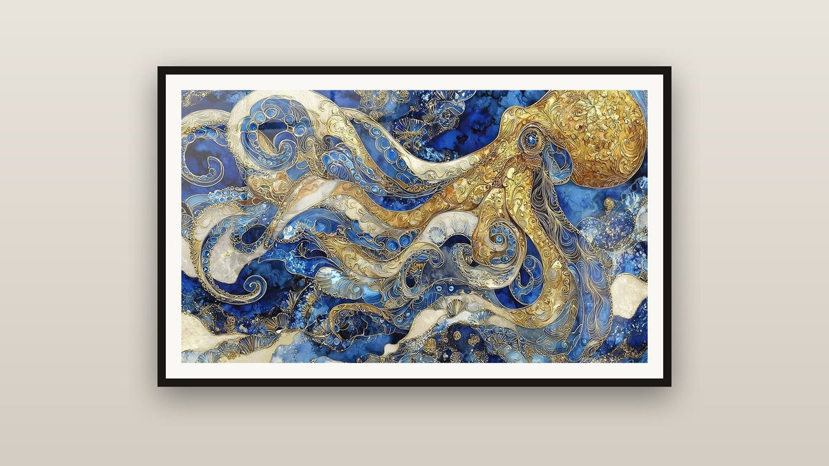Tableau encadré sur un mur : Pieuvre Dorée