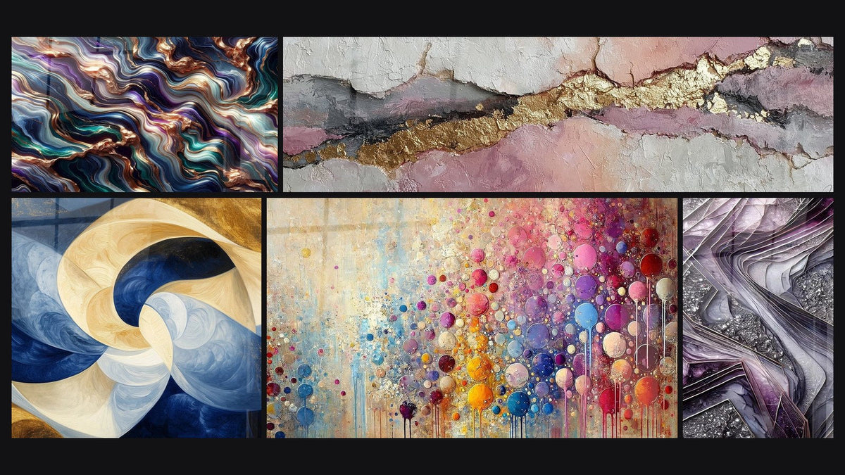 Mosaïque de cinq tableaux, dont Sérénade Minérale, Souffle Divin Blanc et Mosaïque de Sphères