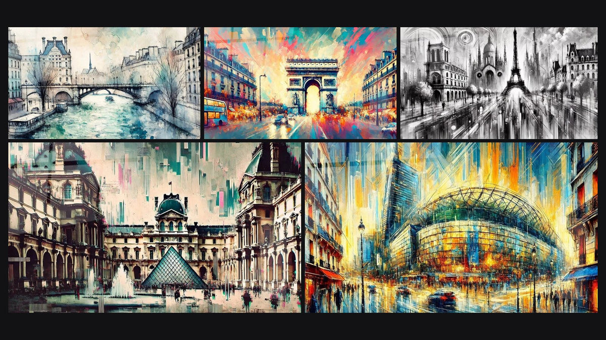 Mosaic of five paintings, including The Seine N°2 and Paris Black and White Wall Art No. 1