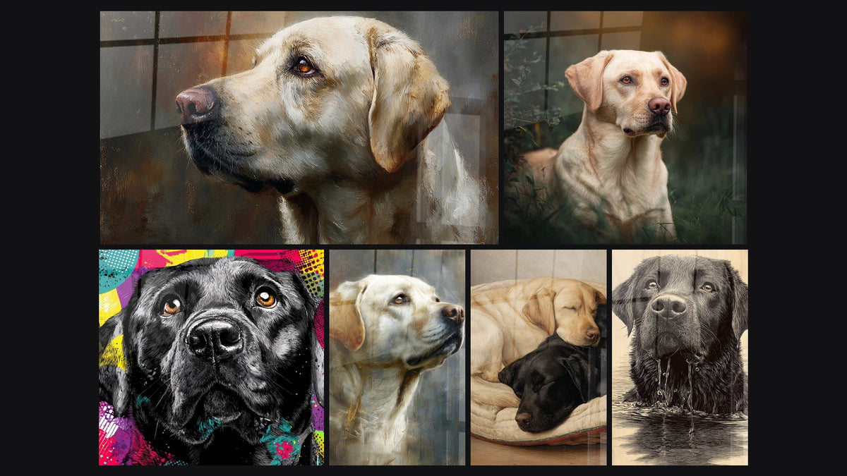 Mosaïque de six tableaux, dont Labrador Beige au Regard Expressif et Labrador Beige Portrait Contemplatif